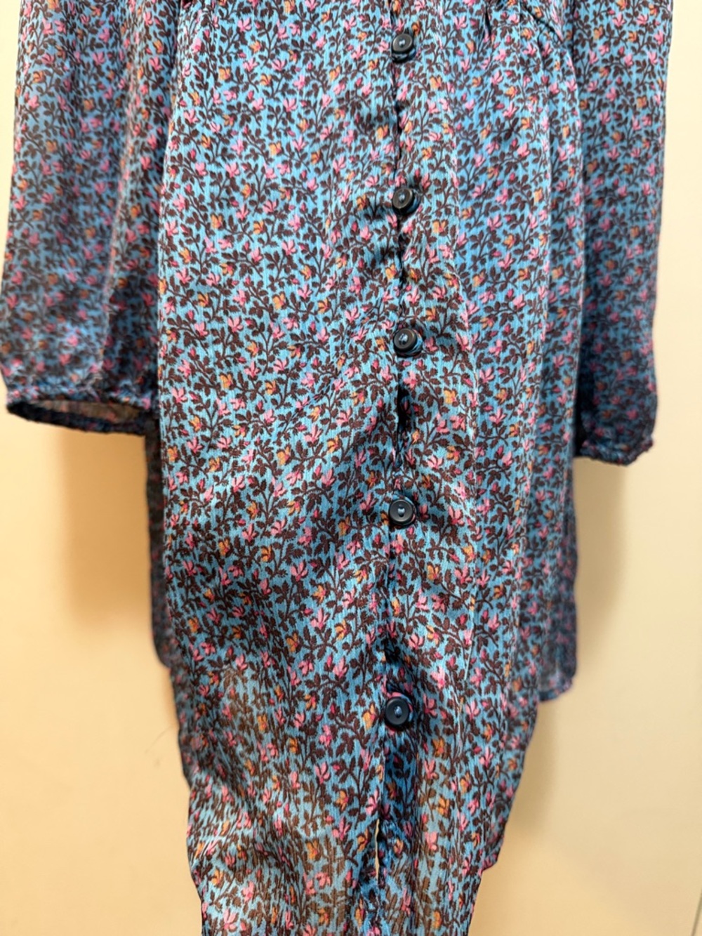 Zara Blue Floral Button-Front Silky Dress Lined Underneath - Picture 5 of 8